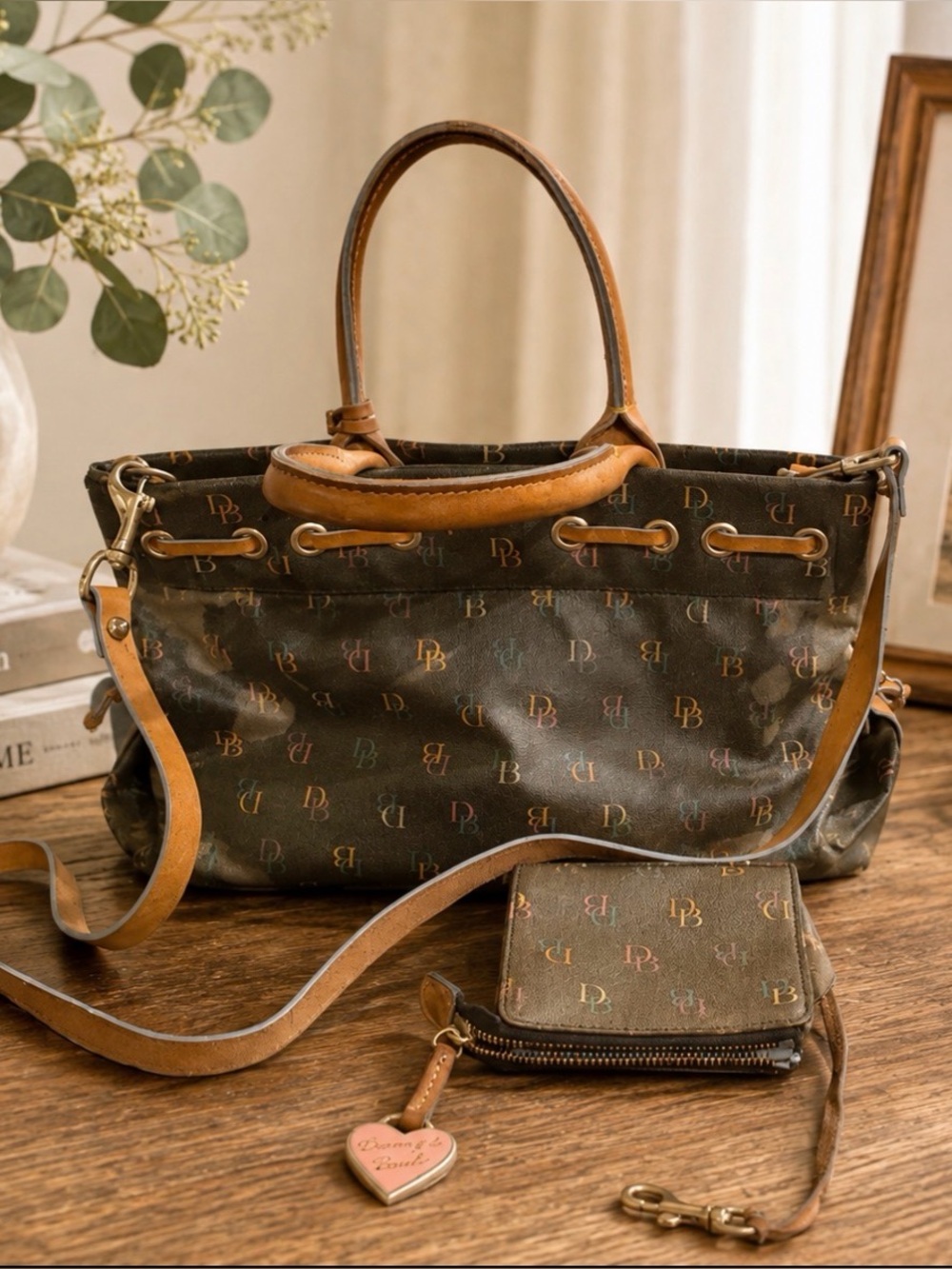 Dooney & Bourke Olive Multicolor DB Logo Tote with tan Trim and wallet